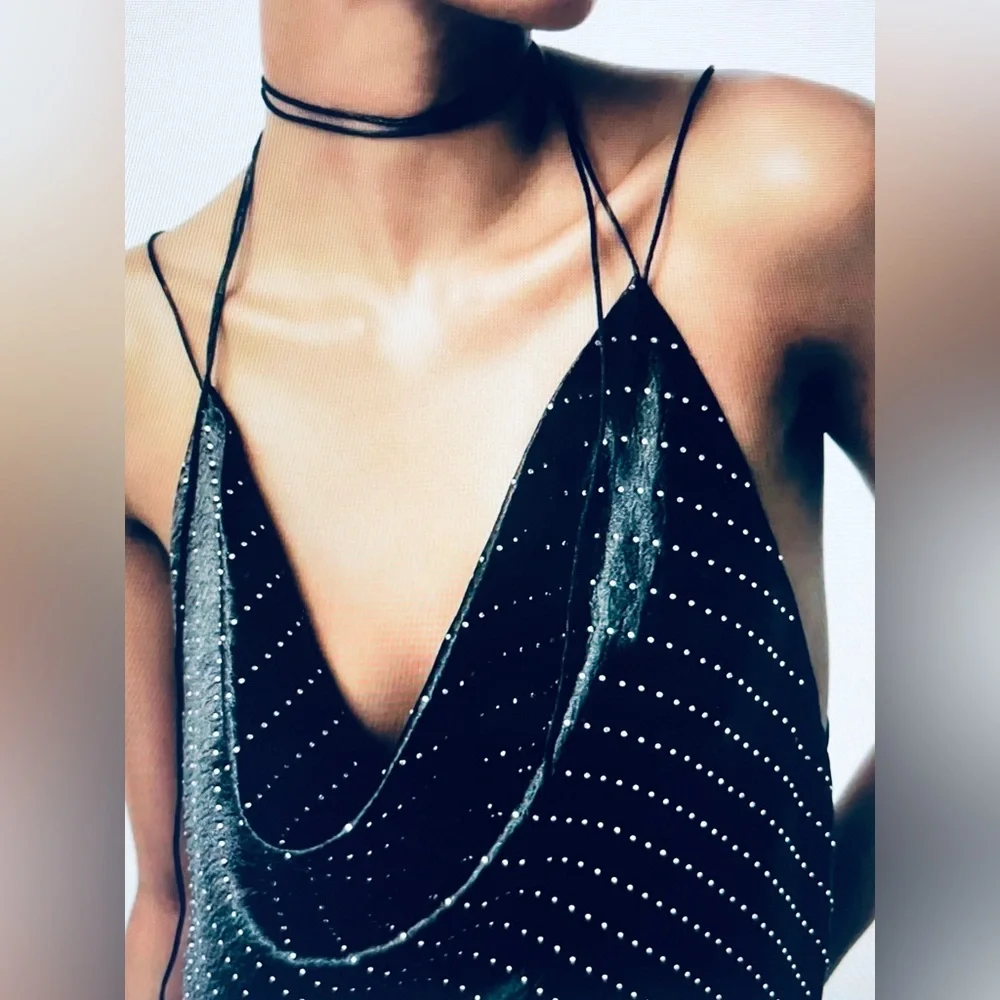 Zara satin effect mini black slip dress with rhinestone details - size XS